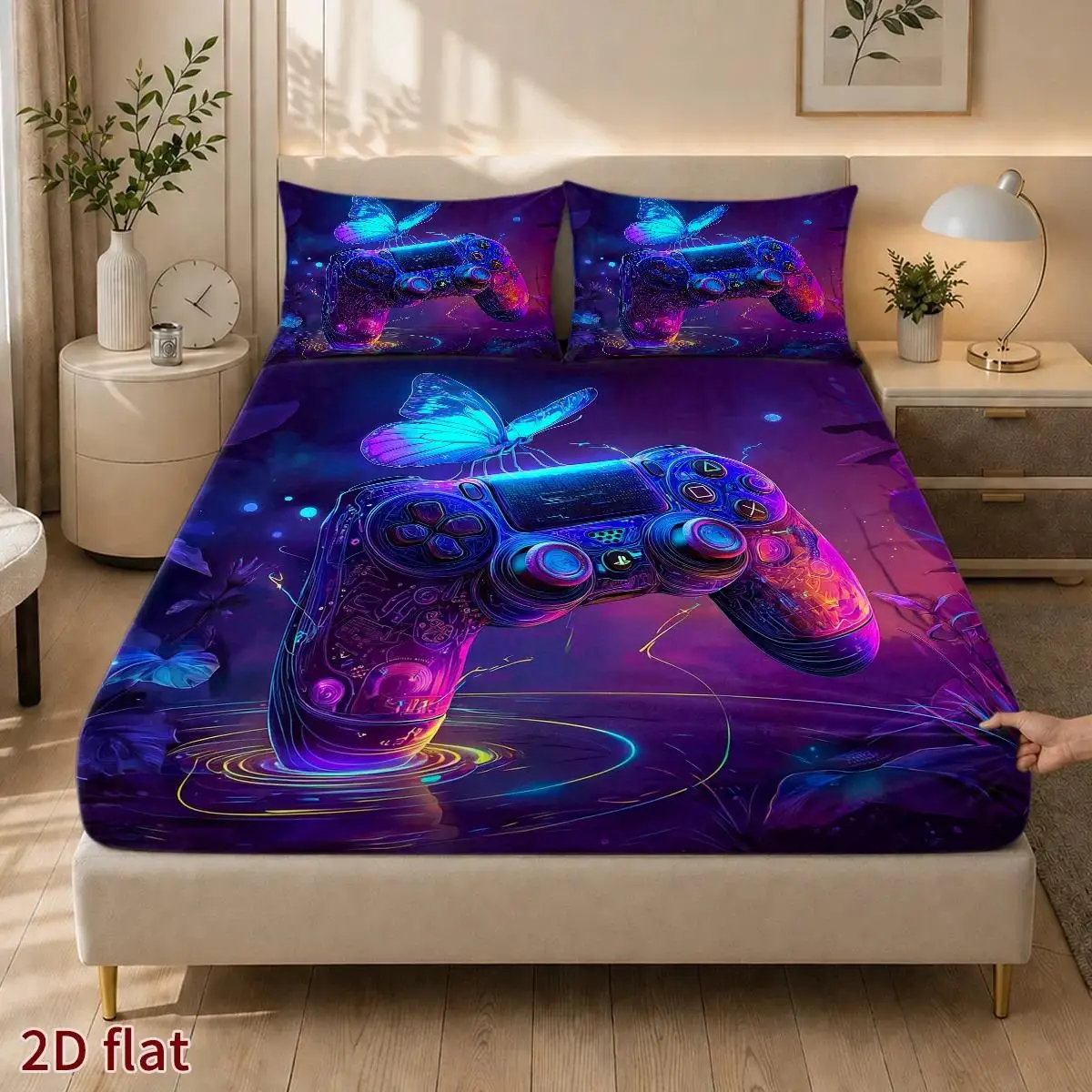3-Piece Mattress Protector Set Fitted Sheet 2 Pillowcases Butterfly Cyberpunk Neon Style Dust Proof Stain Resistant Machine Wash