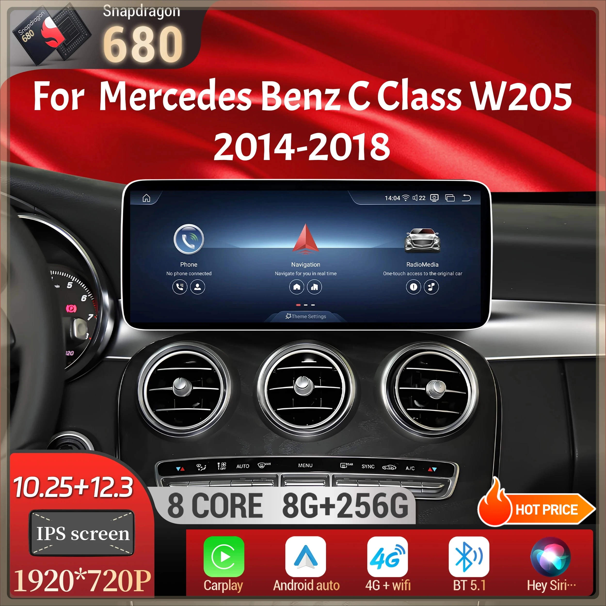 Android 14 Car Radio Wireless Carplay Snapdragon 680 CPU SM6225 Head Unit Touch Screen For Mercedes Benz C Class W205 2014-2018