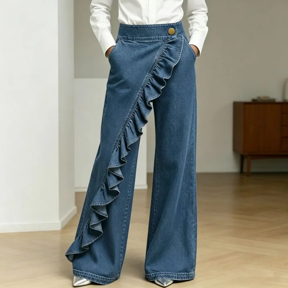 2026 Summer Autumn Women'S Retro Irregular Minority Ruffles Patchwork Y2K Mid-Waist Jeans Chic Denim Pant Wide Leg Pants Fashion