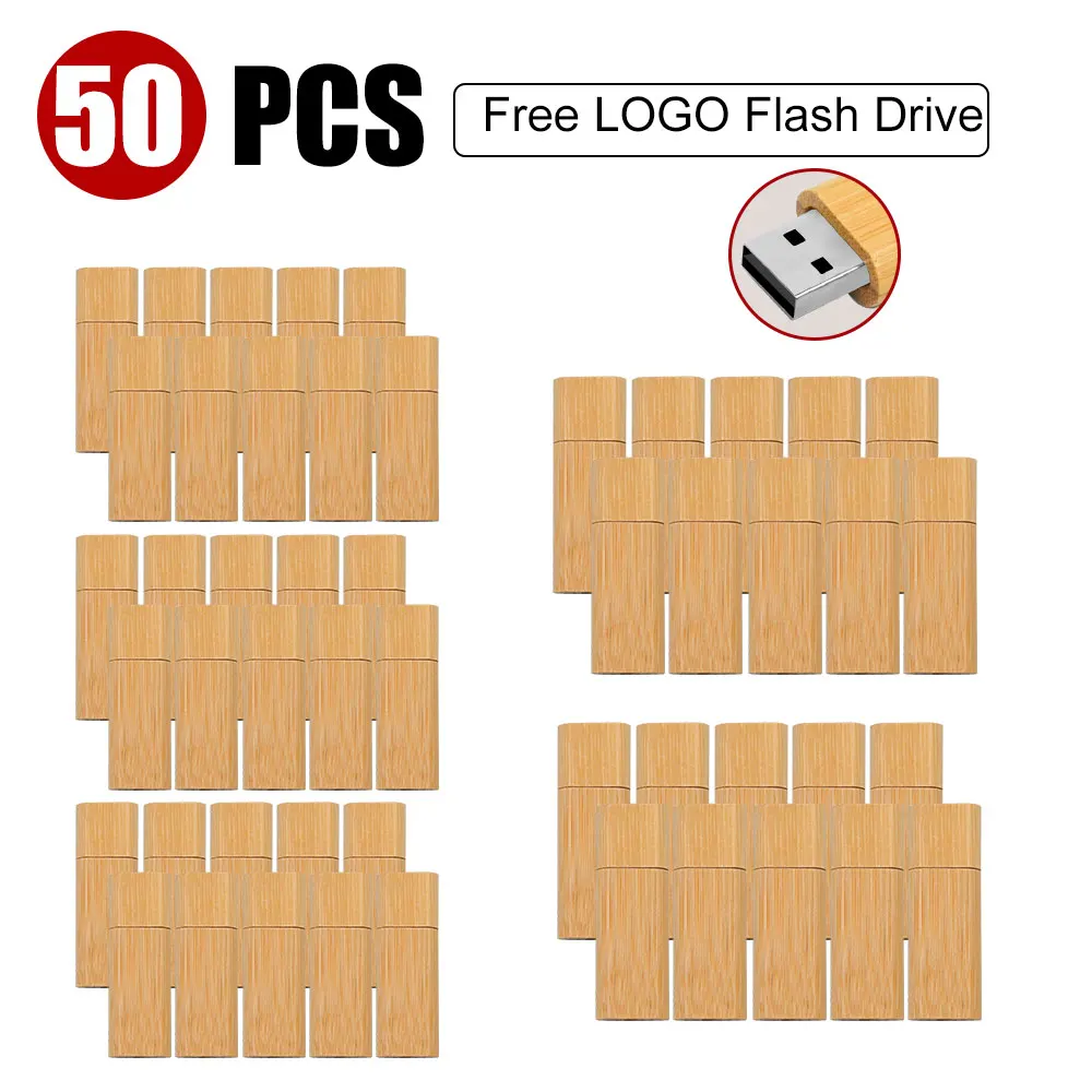50PCS LOT Wooden USB Flash Drive 128GB Free Custom Logo Memory Stick 64GB Creative Gift Box Pendrive 32GB Real Capacity U Disk
