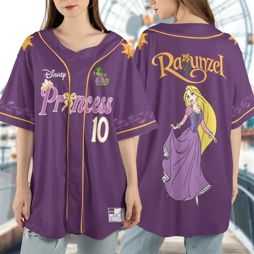 حفلة أميرات ديزني اختر الأميرة التي تحبها على طراز البيسبول، ملابس عائلية متطابقة، أكمام قصيرة مطبوعة برسوم كارتونية عالية الجودة