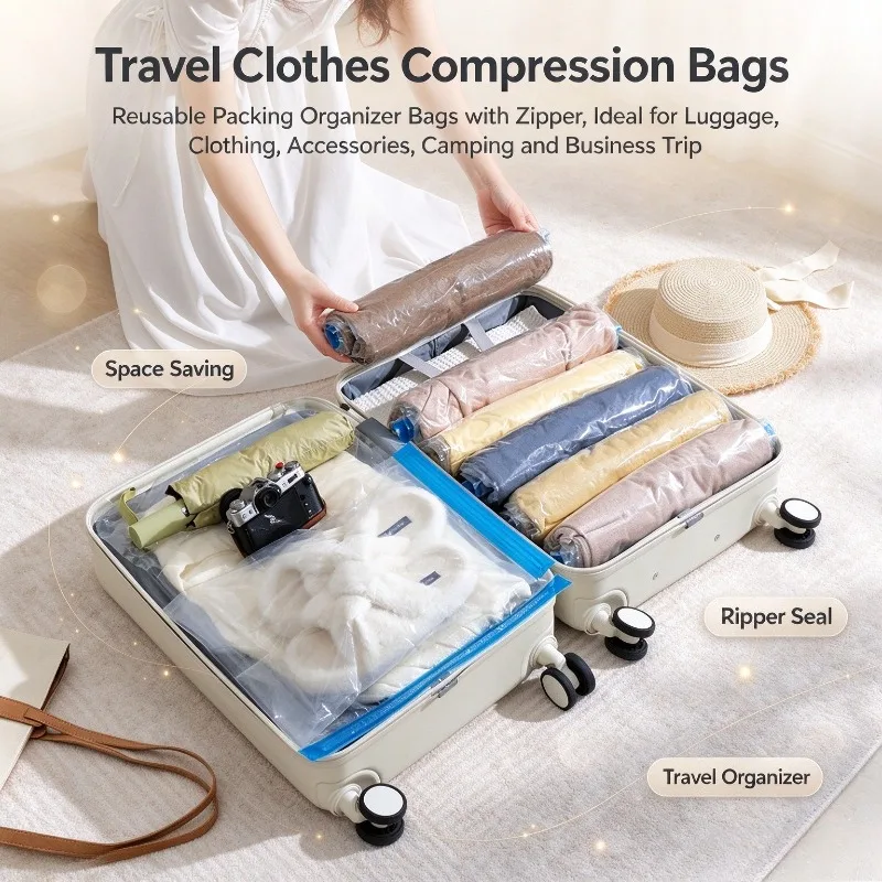 1PC Travel Special Hand Roll Vacuum Compression Bag Pump Free No Pump Required Manual Rolling Design Storage Pouch