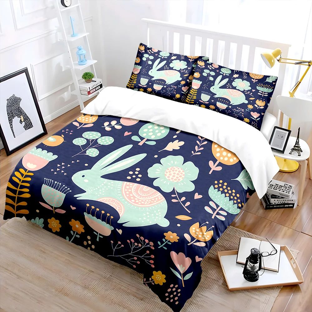 

Cute Hand-Drawn Rabbit and Floral Pattern Bedding Set 1 Duvet Cover 2 Pillowcases for Adult and Children Luxury Gift Full Size
