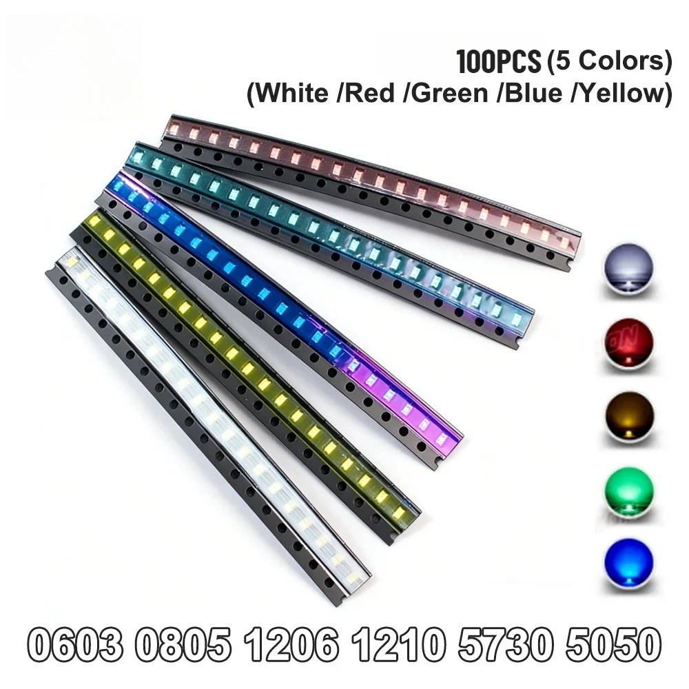 2026 New 100PCS SMD LED Kit 0603/0805/1206/5050/5730 5 Colors Miniature LED Red White Yellow Green Blue for DIY