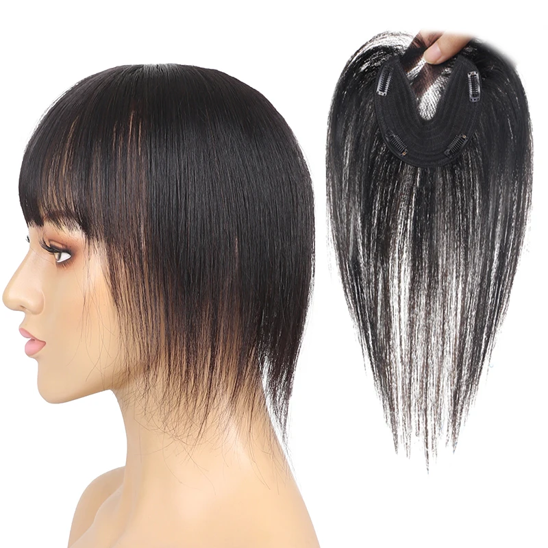 25CM Human Hair Toppers For Women Thin Clip In Topper With 3D Air Bangs Hairpieces for Hair Loss Volume Cover Grey Hair remy