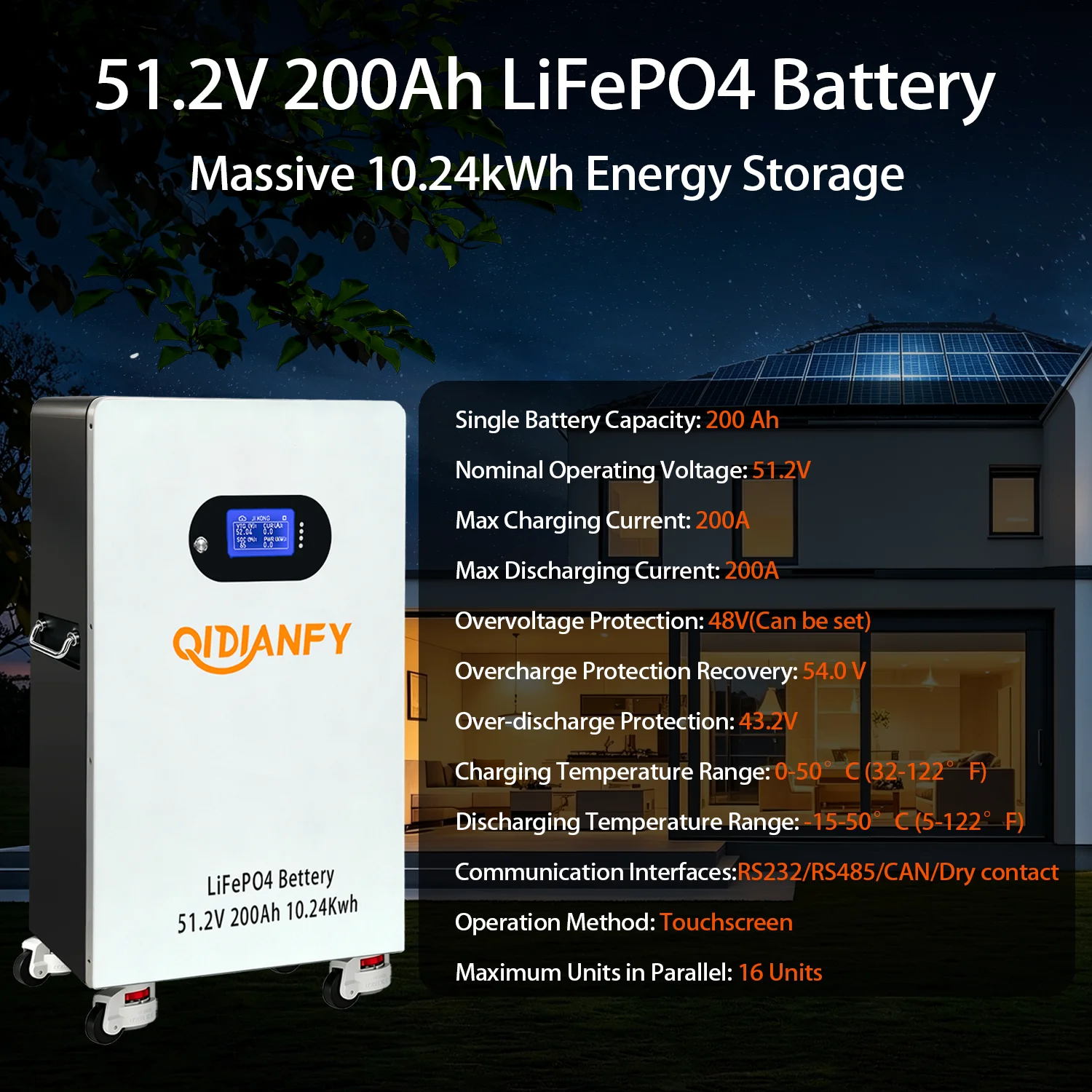 Qidianfy 48V 200Ah LiFePO4 Lithium Battery 10.24kWh Capacity with 200A BMS for Solar Off-grid System Home Backup Energy Storage
