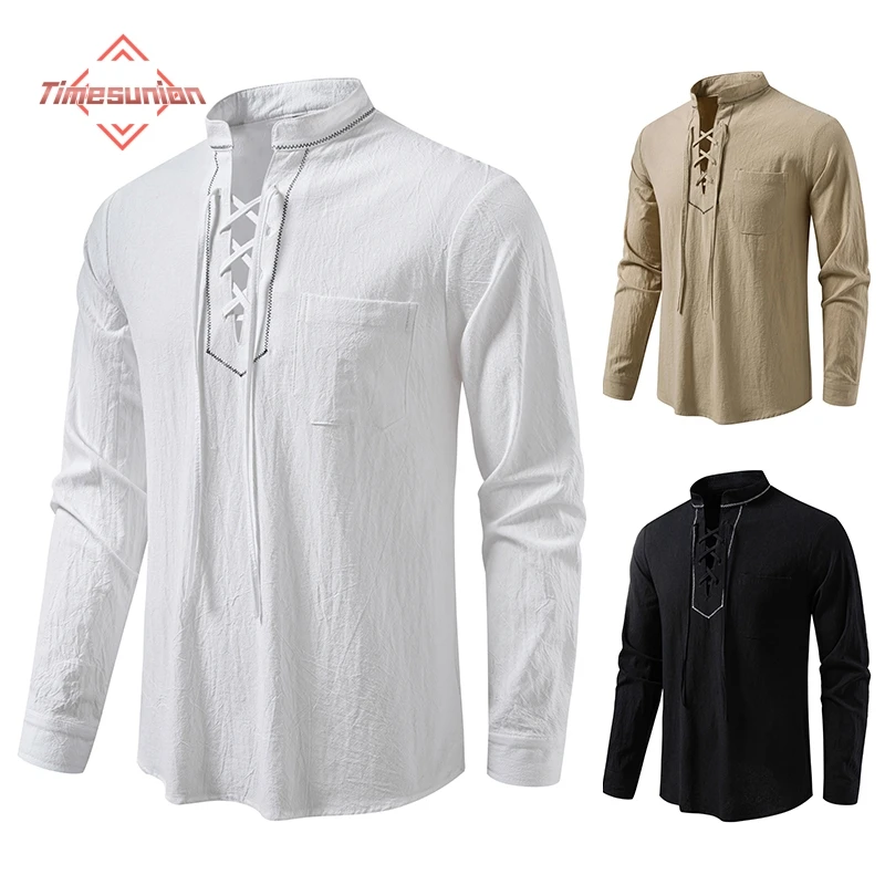 

Мужские рубашки, повседневная мужская хлопковая футболка с длинным рукавом, весенне-осенняя винтажная рубашка европейского размера с вышивкой на шнурке