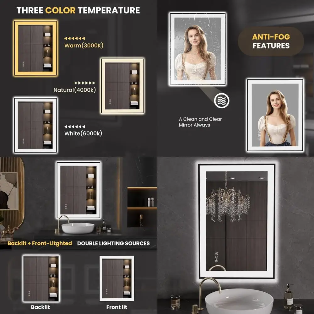 

Зеркало для ванной 24x36 дюймов с LED-подсветкой, функцией антизапотевания, регулируемой яркостью, из закаленного стекла и функцией памяти