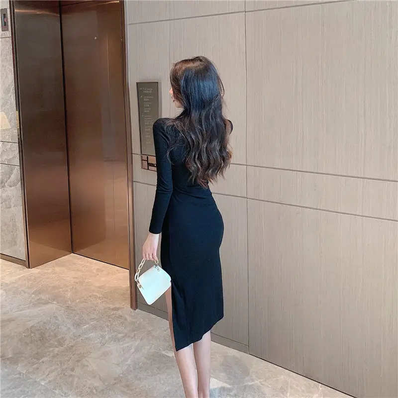 Sexy Slim Women Dress Long Sleeve Hollow Out Split Solid Temperament Bottoming Skirt Patchwork Female Dresses High Street