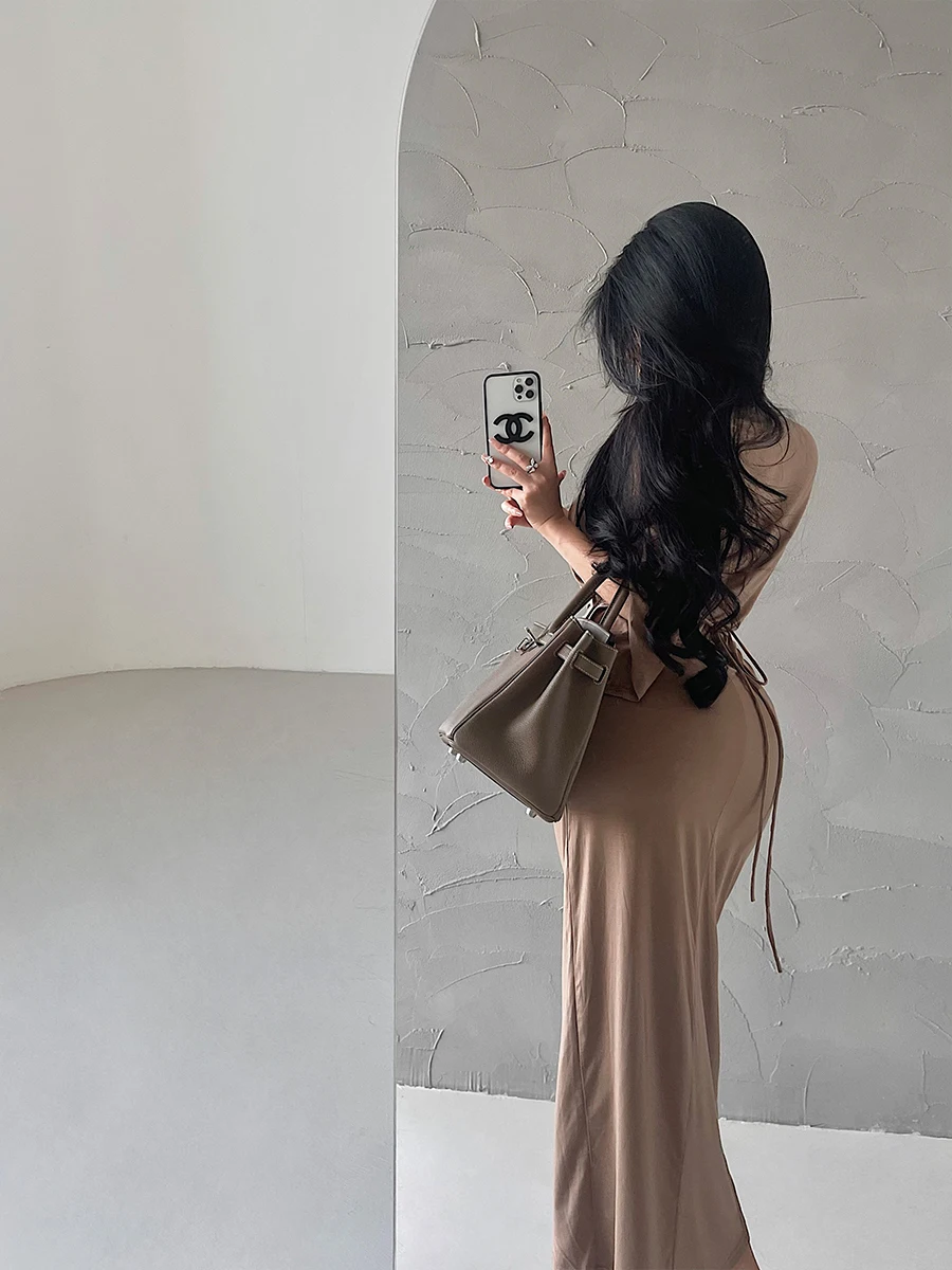 Sexy Deep V Neck Wrap Waist Midi Dress Young Girl Day Loose Knot Tie Belted Split Bodycon Dress mid Sleeve Cotton Dress