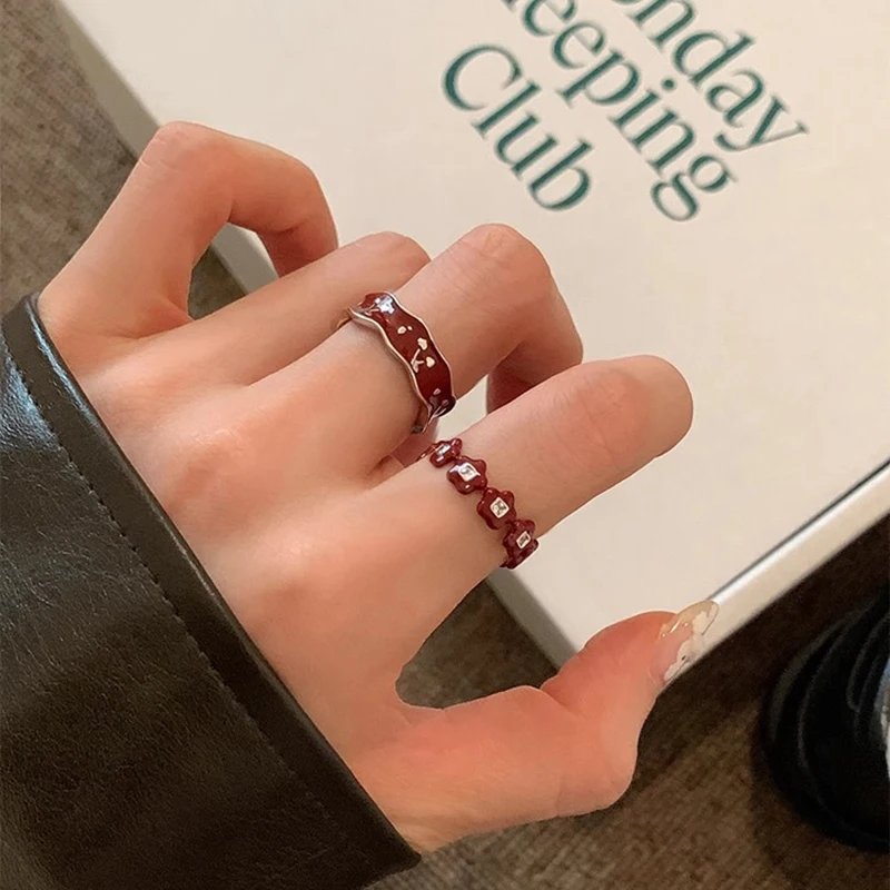 Anello da dito aperto in argento sterling 925 color oro fiore rosso ciliegia punk impilabile per regalo di gioielli da donna Dropship all'ingrosso