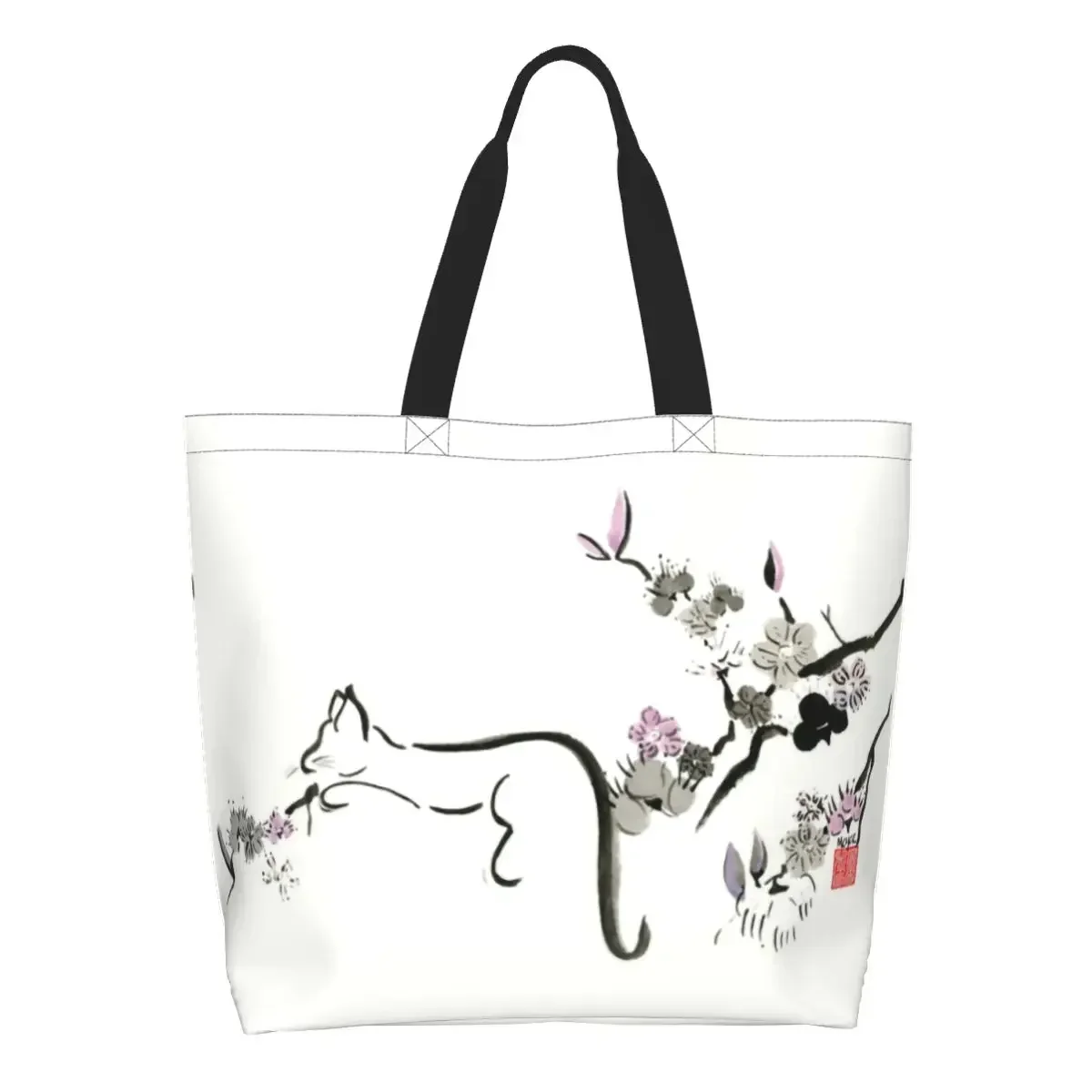 

Cat In Cherry Blossom Tree Groceries Tote Shopping Bag Women Custom Kitten Canvas Shopper Shoulder Bag Large Capacity Handbags