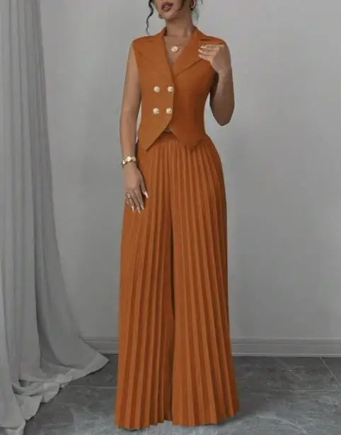 

Женский новый модный двубортный пиджак без рукавов и плиссированные комплекты с широкими длинными брюками