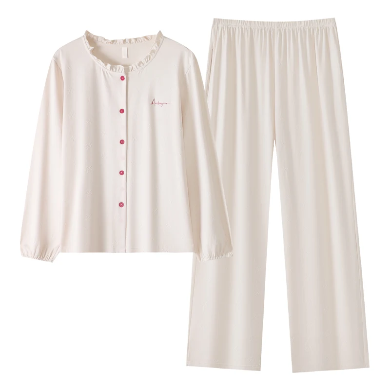 Newest Spring and Autumn Women Knited Cotton Long Sleeve Pajamas Set Female Solid Pijamas