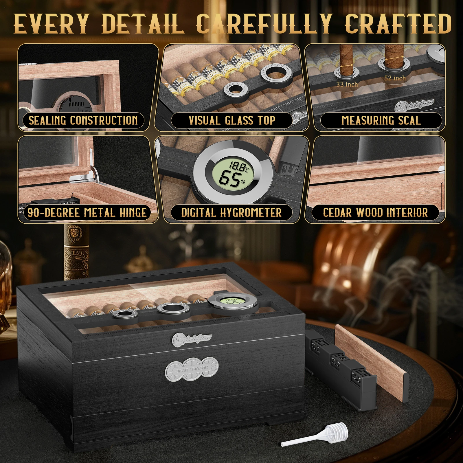 Cigar Humidor,Cedar Wood Cigars Case with Digital Hygrometer Humidifier,Measuring Scale & Drawer,Glass Top Desktop Humidor Gifts