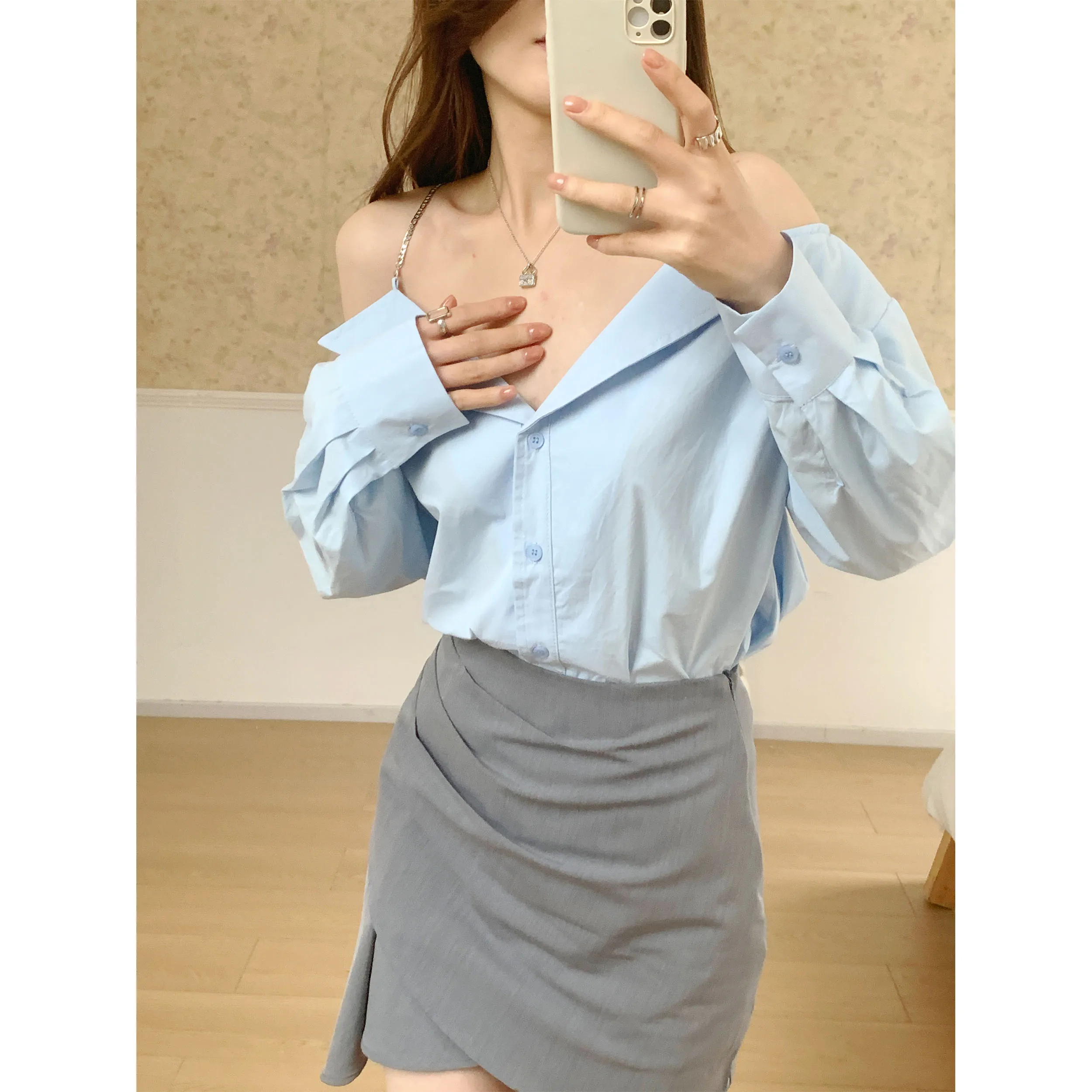 

Blue oulder Bared irt Women's 2023 Summer Design Sensation Loose High-End Feeling Elegance UVPU Polyester Fiber 00%