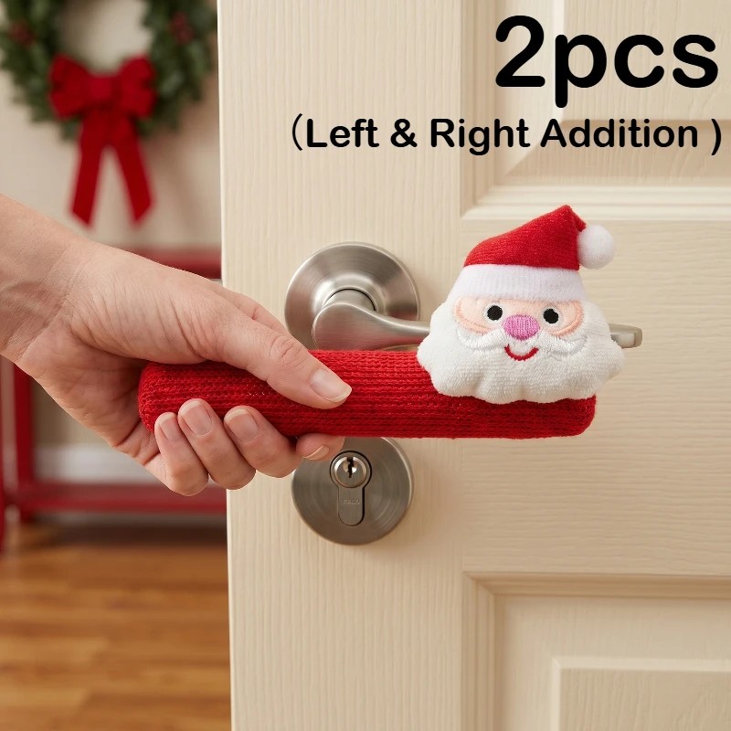 2Pcs Christmas Door Handle Covers, Thickened Santa Claus Design Reusable Holiday Decor Gift, Left & Right Pair Set