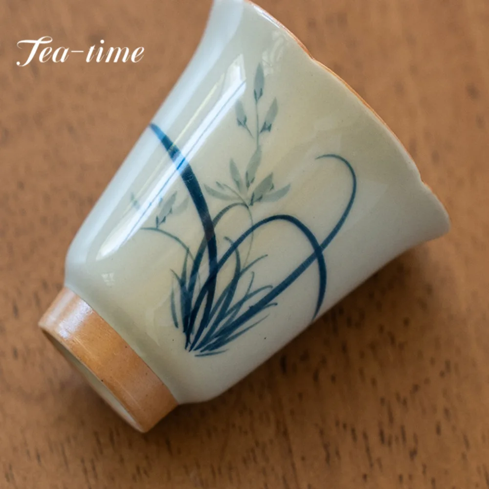 50ml Imitation Antique Blue Ceramic Teacup Hand-painted Orchid Art Fragrance Cup Small Master Cup Master Kung Fu Teaware Utensil