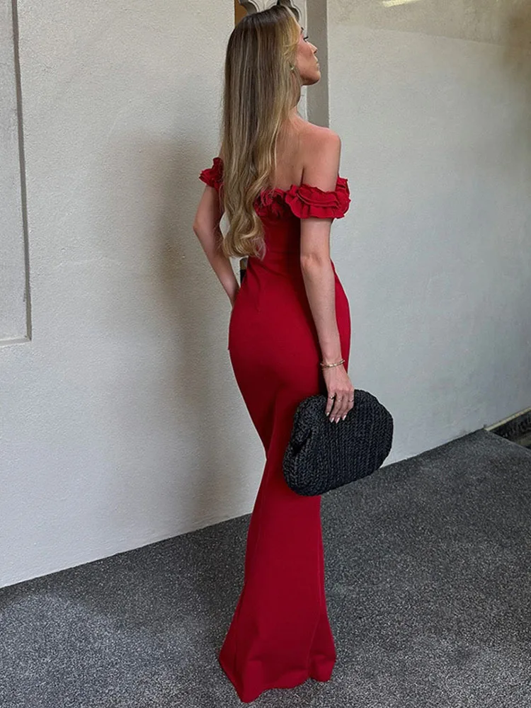 Elegancka sukienka maxi z falbanami, odkrywająca ramiona, damska, sznurowana, seksowna, z odkrytymi plecami, idealna na studniówkę, letnie ubrania, wesele, imprezę, festiwal.