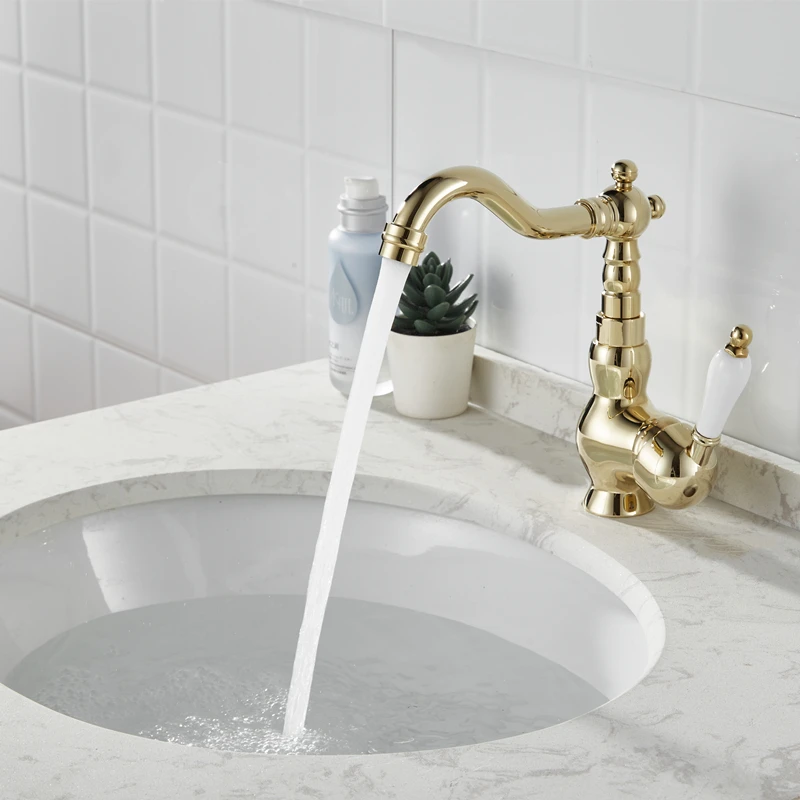 Antique Brass Kitchen Faucet Ceramic Handle Deck Mount Basin Sink Faucet 360 Rotate Mixer Taps Hot Cold Water Faucet Crane