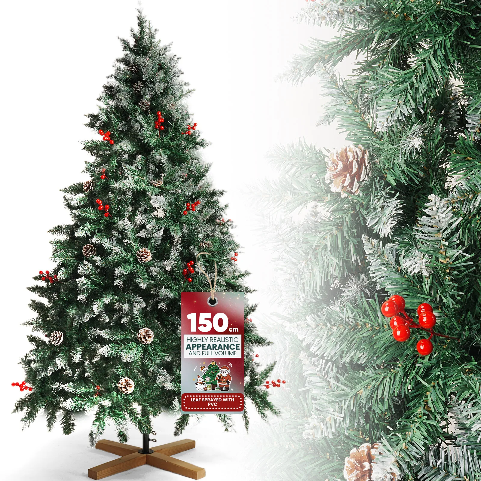 Albero di Natale artificiale Soontrans, 150 cm/180 cm, effetto neve, conici, bacche rosse.