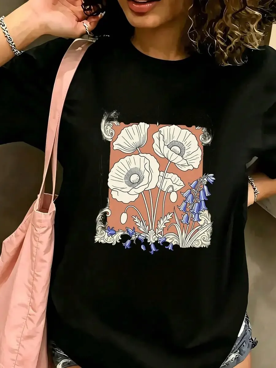 2026 Fashion New Arrival Plus Size Women Crew Neck Short Sleeve T Shirt Vintage Poppy Bluebell Floral Graphic Tee Curve Loose Fit Soft Casual Daily Wear Ladies Basic Tops Basic Tee