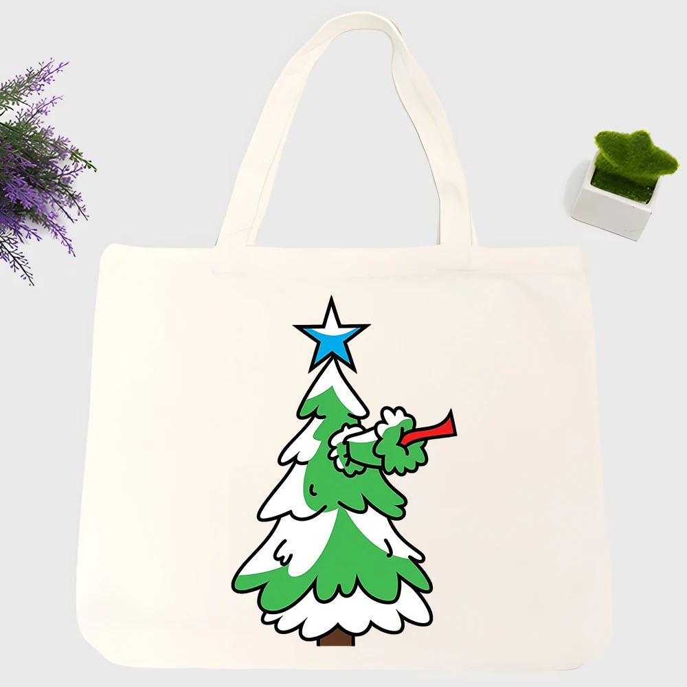 Men's Christmas tree graphic canvas tote bag, casual style for holiday shopping and daily outings