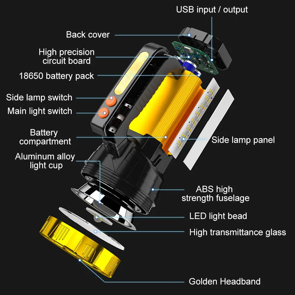 Linterna LED potente XHP70, foco portátil recargable por USB, reflector para acampada, impermeable, de largo alcance, para exteriores