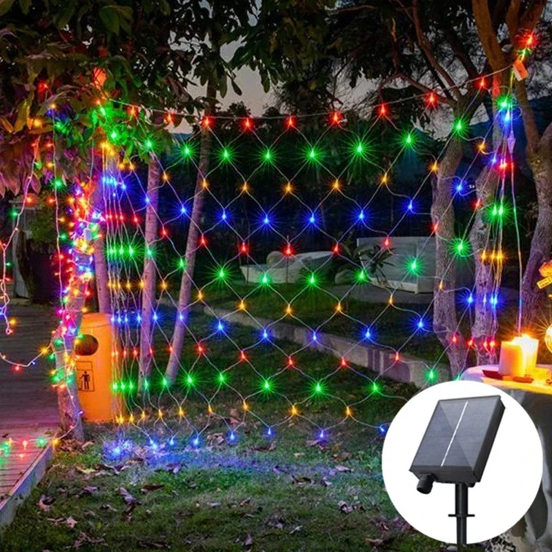 Solar Power Remote control Net Curtain Mesh Fairy String Light Christmas Decoration New Year 2023 Outdoor Garland Street Garland