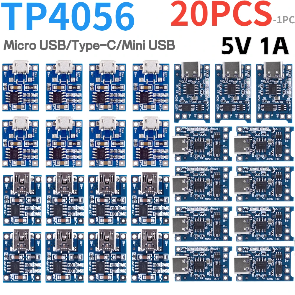 20-1PC TP4056 5V 1A 18650 Lithium Battery Charger Module Charging Board with Protection Micro USB Type-C Battery Charger Module