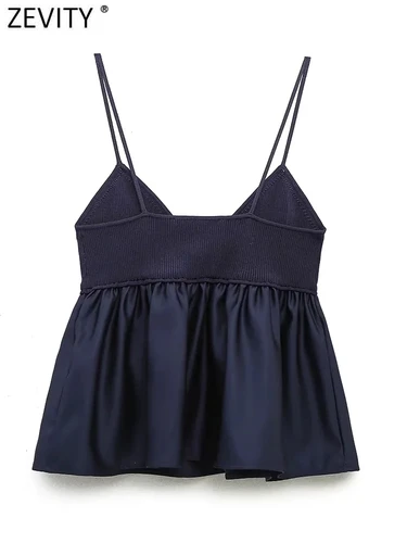 Imagen 2 del producto Zevity mujeres Sexy cuello en V tejido Patchwork dobladillo plisado Sling blusa mujer camisa Blusas Chic Tops LS3689