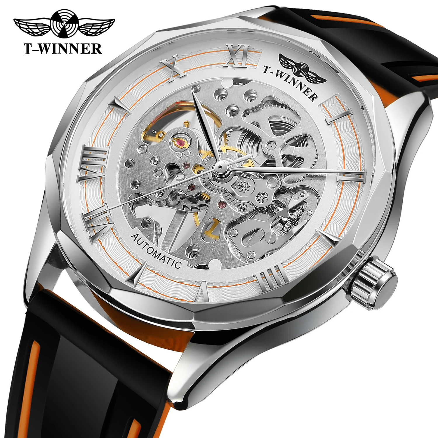 Automatic Mechanical Watch Mens Sports Skeleton Silver Case White Dial Rubber Band Self Wind Wrist Watch Luxury Brand