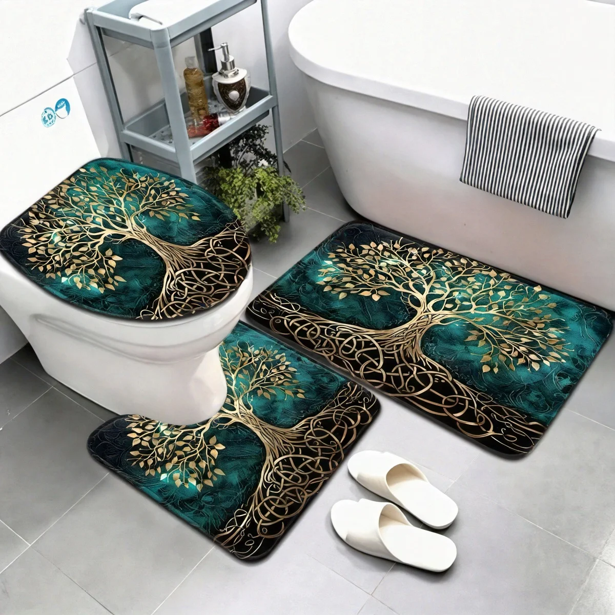 3pcs Plant Series Night Big Tree Pattern Bathroom Mat Set Toilet Seat Cover U-shaped Foot Mat