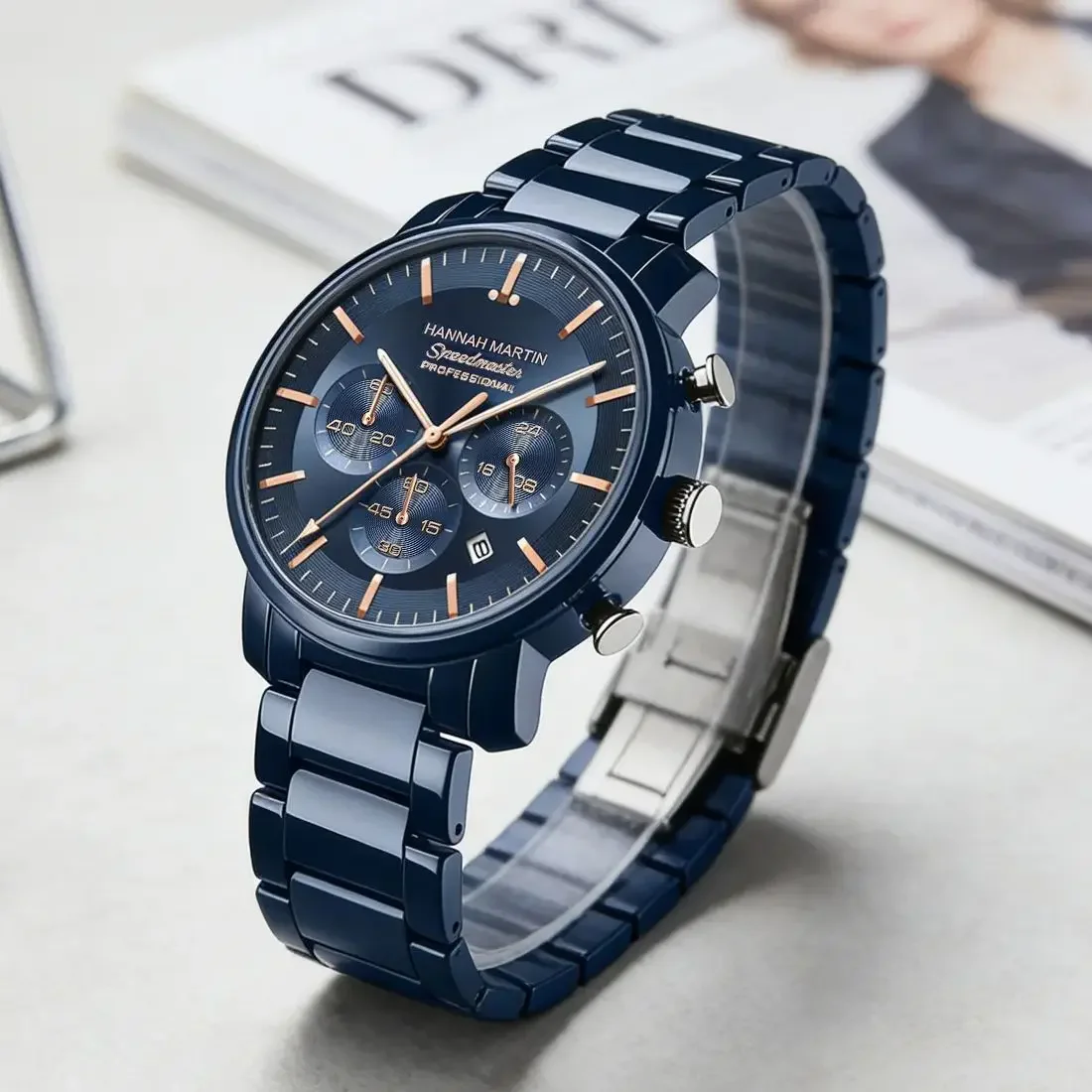 VA VA VOOM Multifunctional Quartz Watch Men Blue Stainless Steel Strap Timing Movement Clock Hannah Martin Business Man Watches