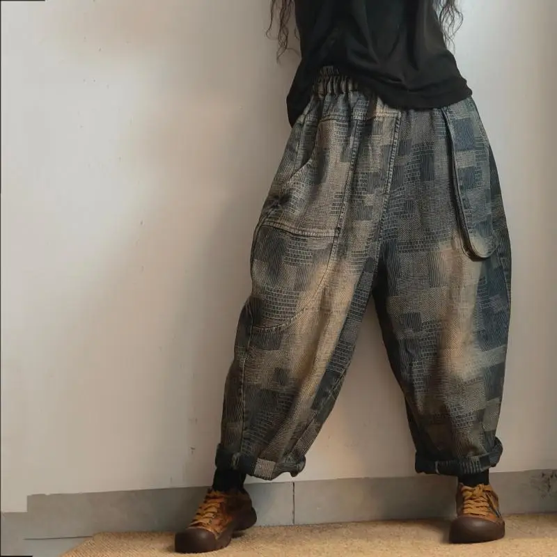 Spring Autumn Arts Style Women Elastic Waist Cotton Denim Harem Pants Vintage Plaid Loose Ankle-length Pants Jeans High Quality