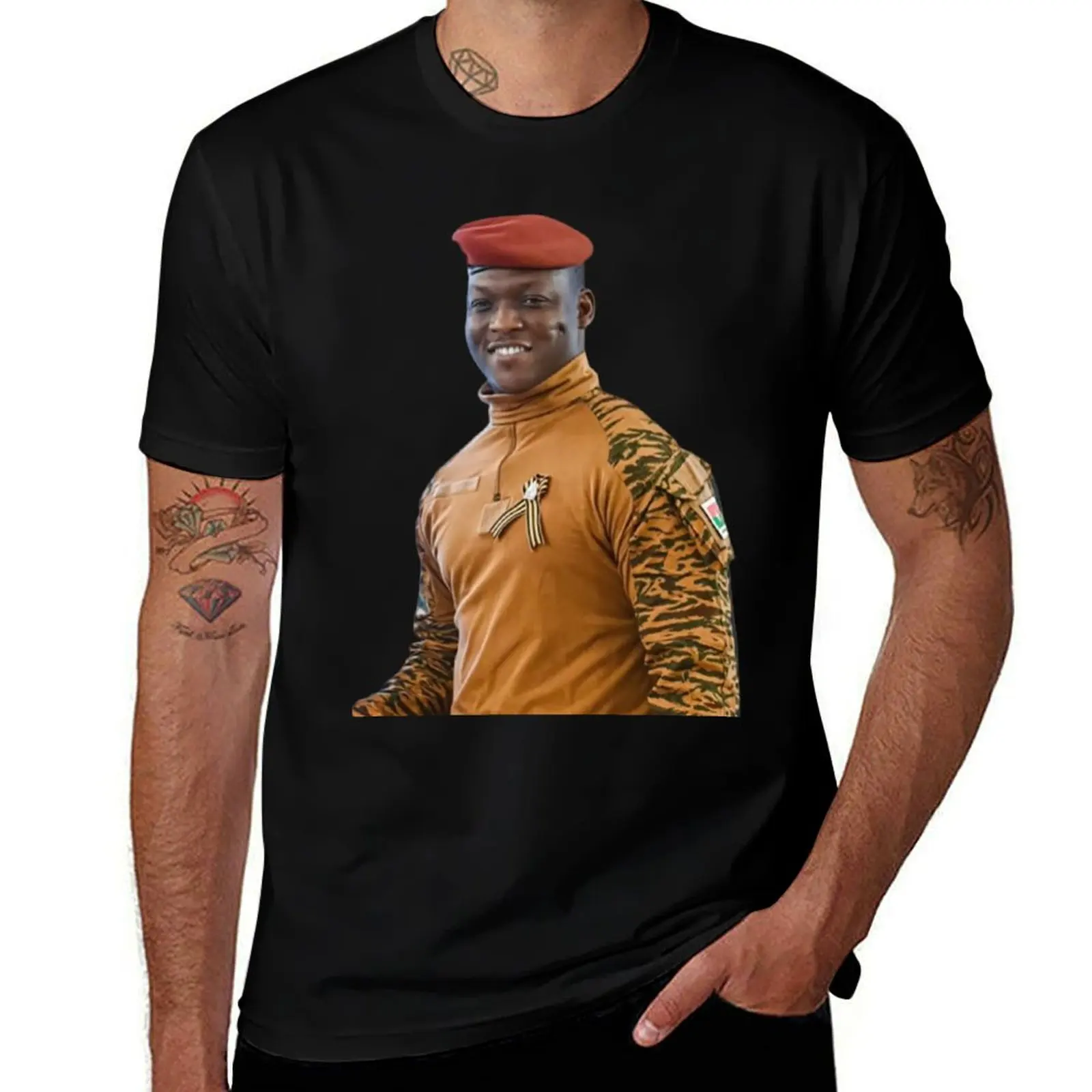 

President Ibrahim Traoré – Smiling Portrait in military uniform and red beret T-Shirt korean fashion mens designer clothes