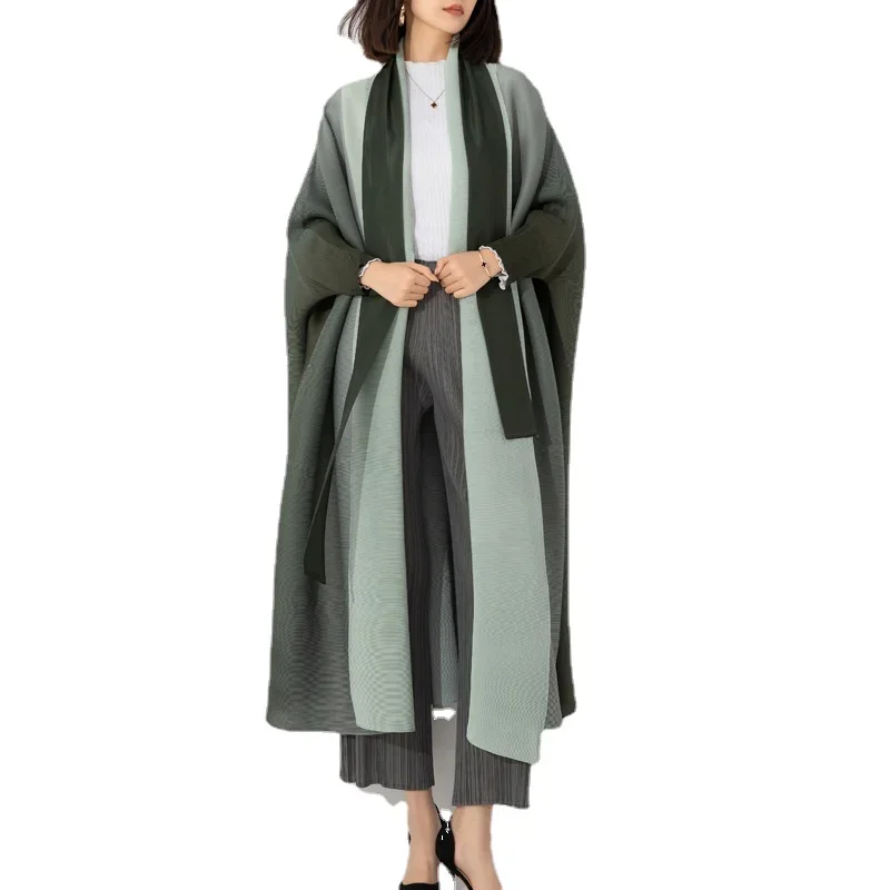 Miyake Gradient Pleated Trench Coat for Women Bat Sleeve Scarf Collar Long Windbreaker Female Fashion Clothing 2024 New Dresses