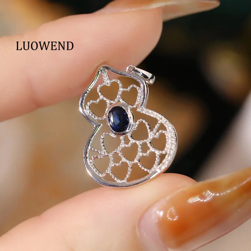 

LUOWEND 100% 18K White Gold Necklace Luck Gourd Design Real Natural Diamond Natural Sapphire Necklace for Women Birthday Gift