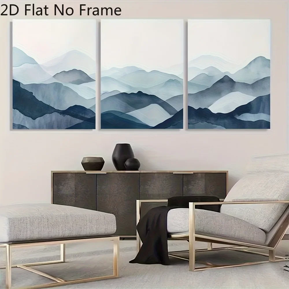 2D Flat, 3pcs 2DFLAT Frameless Navy Blue Mountain Range Gradient Watercolor Art Decor Canvas Painting, Minimalist Style Wall