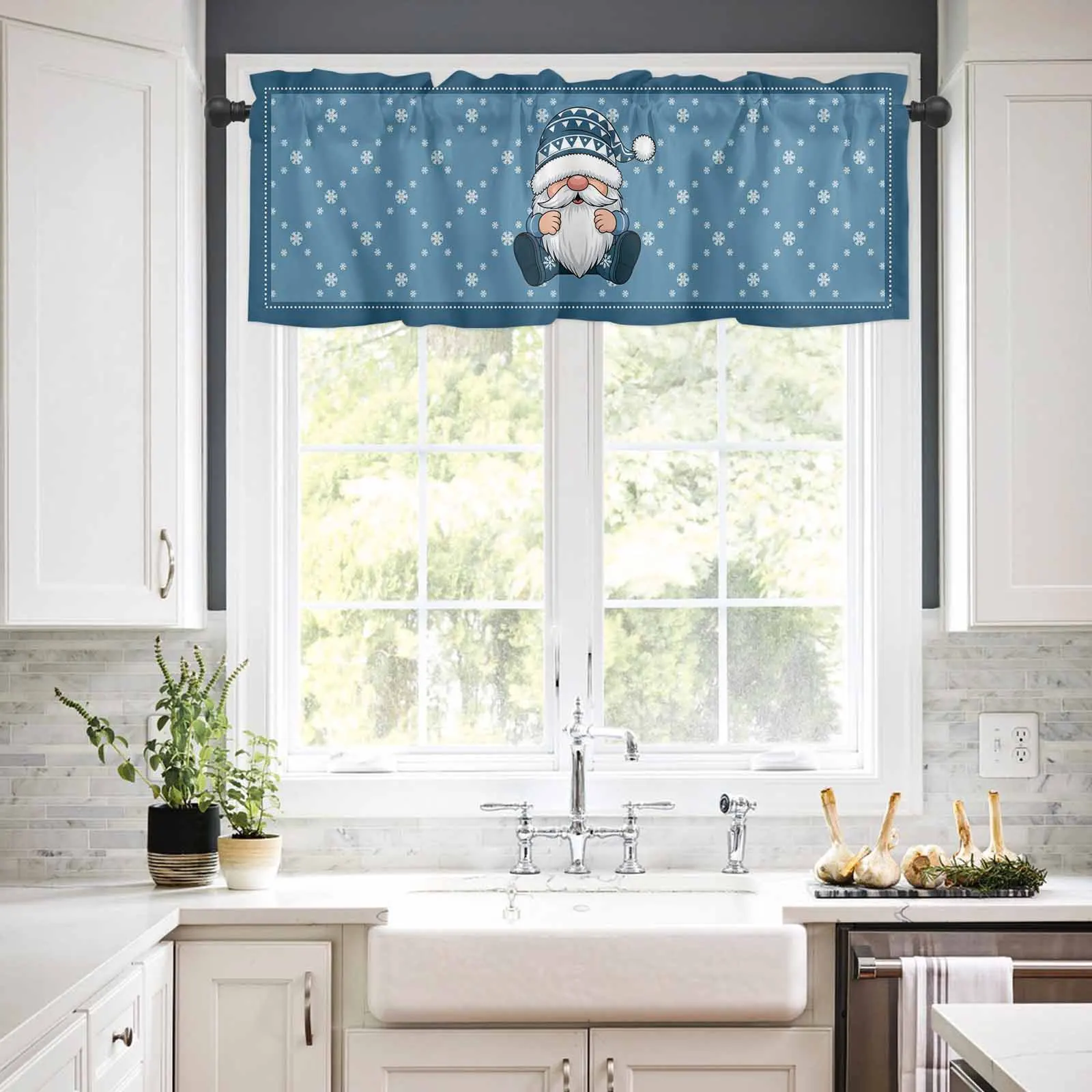 

1PCS Kitchen Short Curtain Valance Blue Retro Christmas Snowflake Gnome Rod Pocket Window Home Decoration