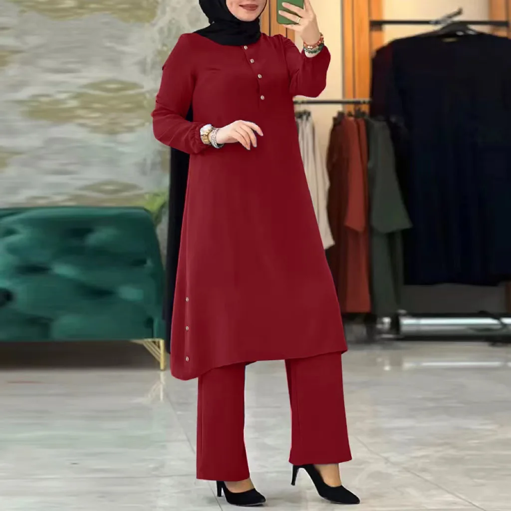 Islam Turkey Ramadan Muslim Set Women Fashion Solid color Long Sleeve Splicing Blouse Wide Leg Pant Vintage Casual Elegant Suit