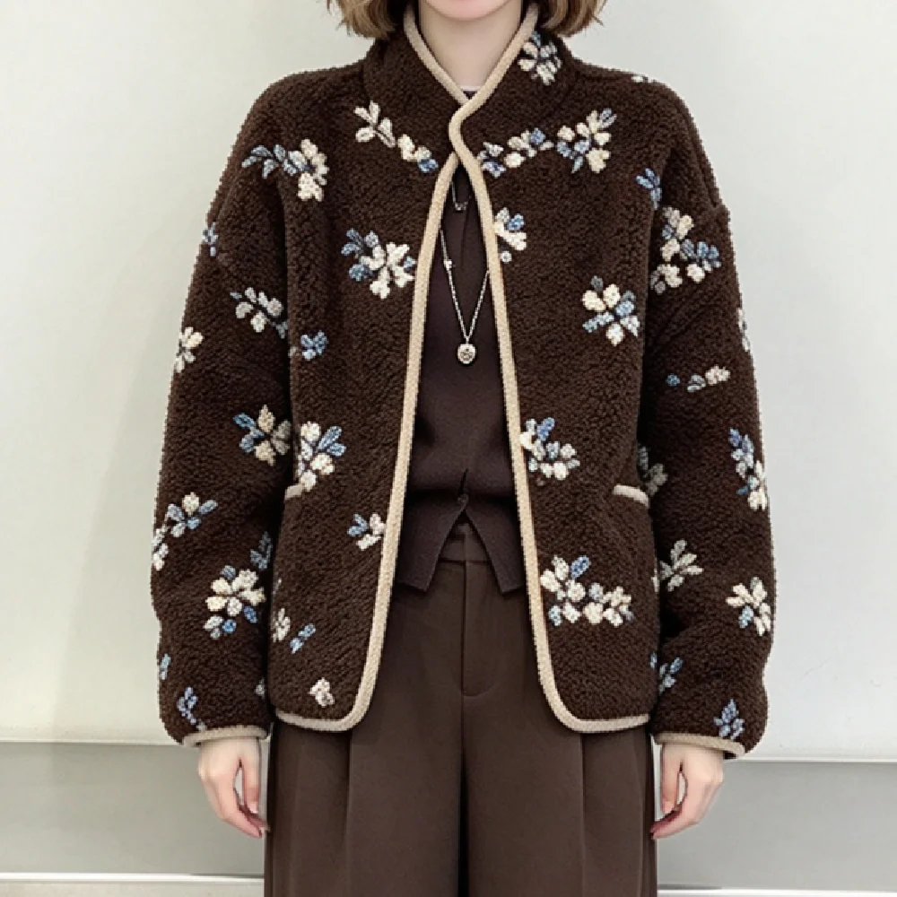 Autumn Winter Women Vintage Coffee Floral Print Binding Zip Up Faux Lame Fur Coat Stand Collar Pockets Fleece Jacket Outerwear