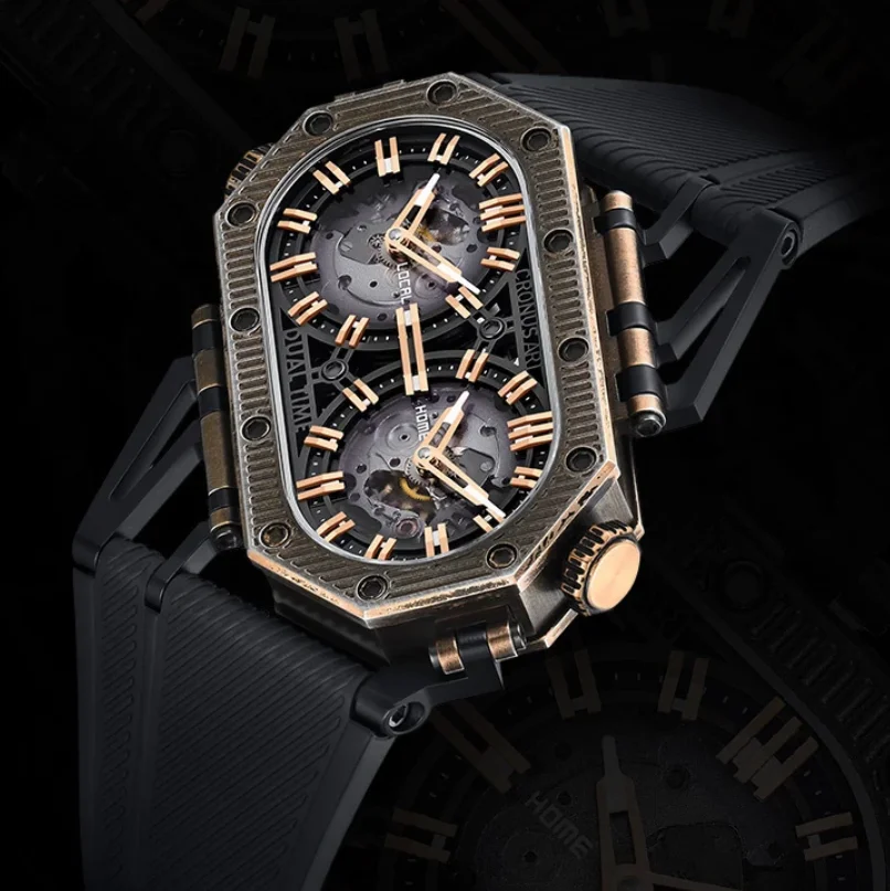 

CRONUSART мужские автоматические часы 50 мм * 29 мм механические наручные часы фторкаучуковый ремешок скелетон двойной часовой пояс циферблат сапфировое зеркало