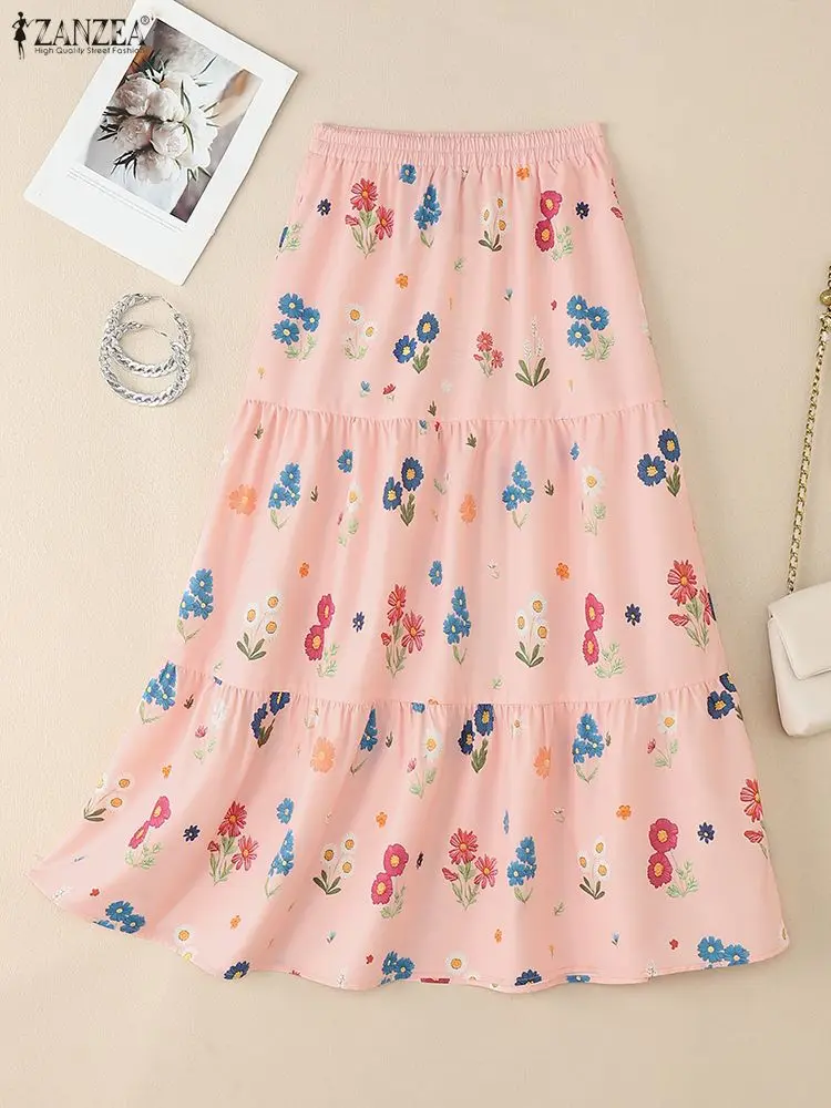 

ZANZEA 2025 Floral Print Midi Skirts Women Autumn Elegant Elastic Waist A-Line Tiered Skirt Casual Woman Bottoms S-3XL Dropship