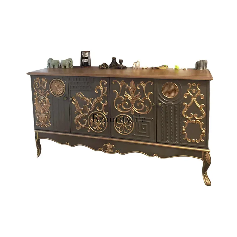 

ls 04French porch cabinet European solid wood carving flower living room decoration American light luxury wall side locker