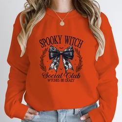 Jerseys de cuello redondo para mujer, ropa informal de manga larga con estampado de lazo escalofriante, estilo de Club Social, Halloween