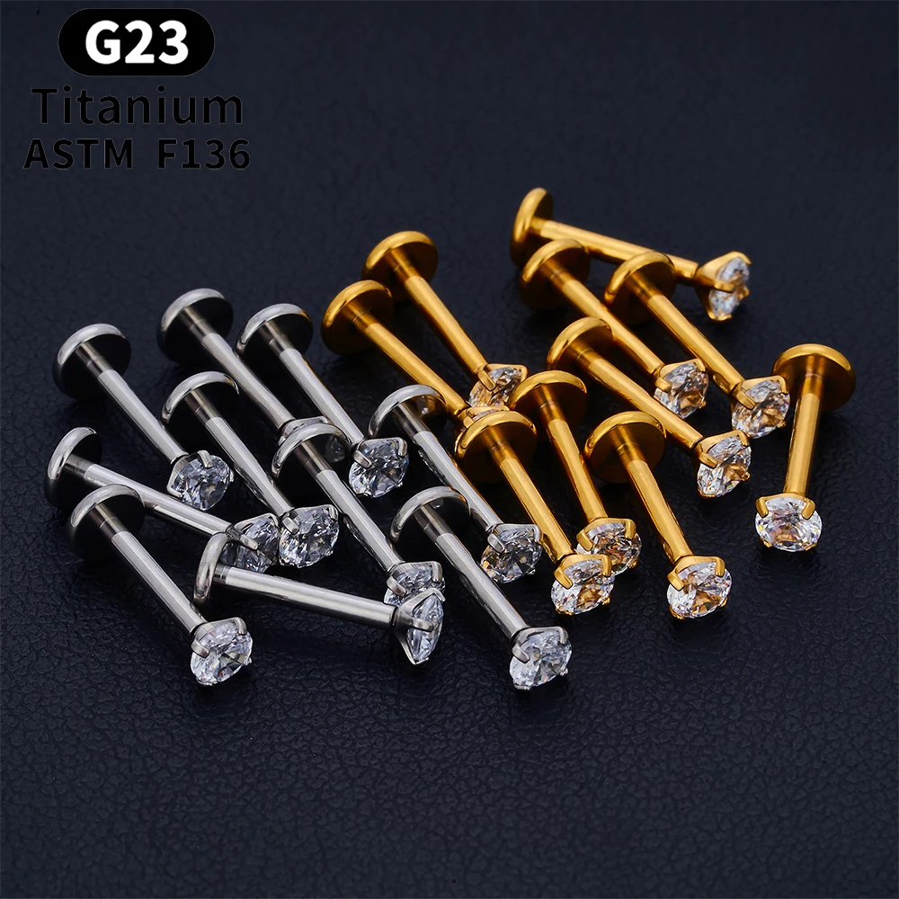 10PCS ASTM F136 G23 Titanium Piercing Labret Lip Ring Stud Earring CZ Ear Tragus Cartilage Helix Daith Pierc Jewelry 16/18/20g