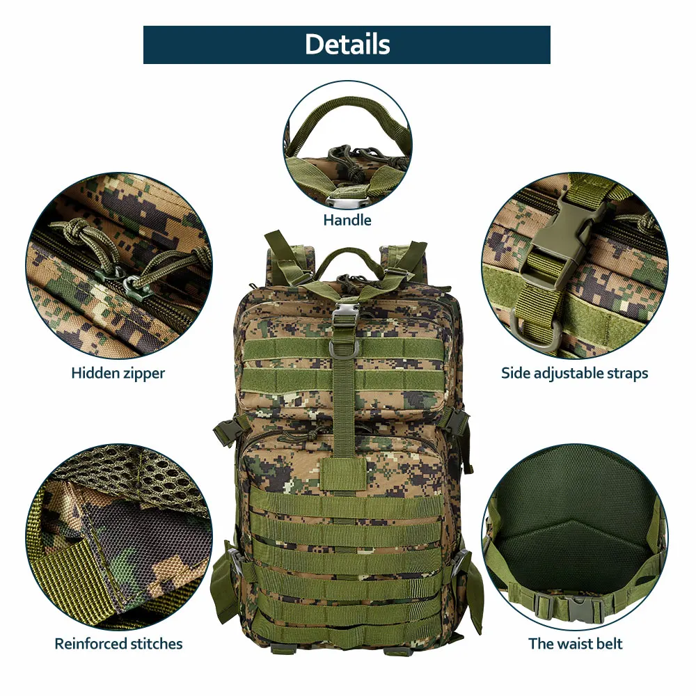 Mochila táctica de doble hombro para exteriores, morral grande 3P de 50 litros para deportes de ciclismo, viajes, ataque, camuflaje, multi-fu