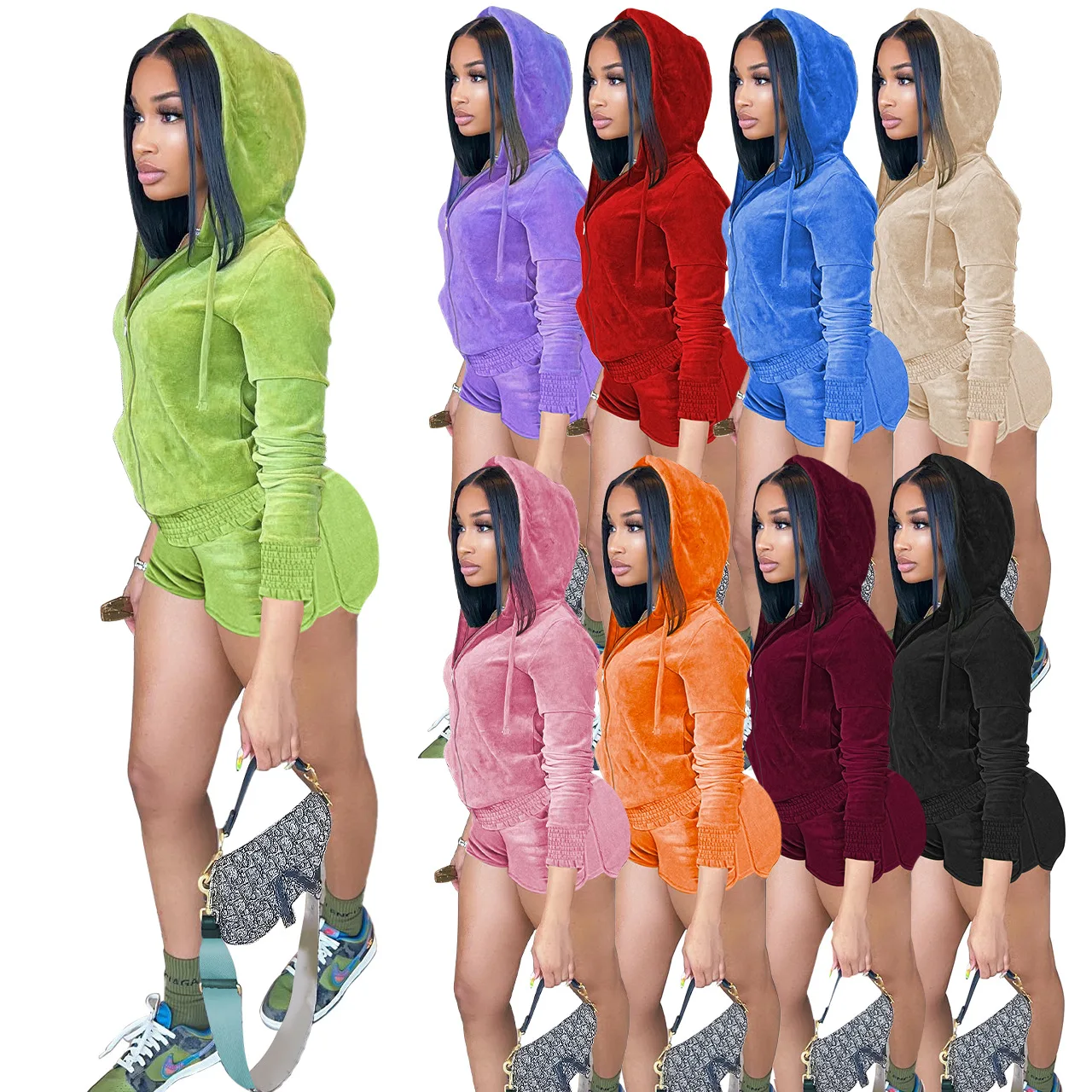 

Velvet Velour Tracksuit Two Piece Set Women Outfit Elegant Luxury Sexy 2 Pieces Short Pant Sets Zip Up Hoodie Cropped Jacket