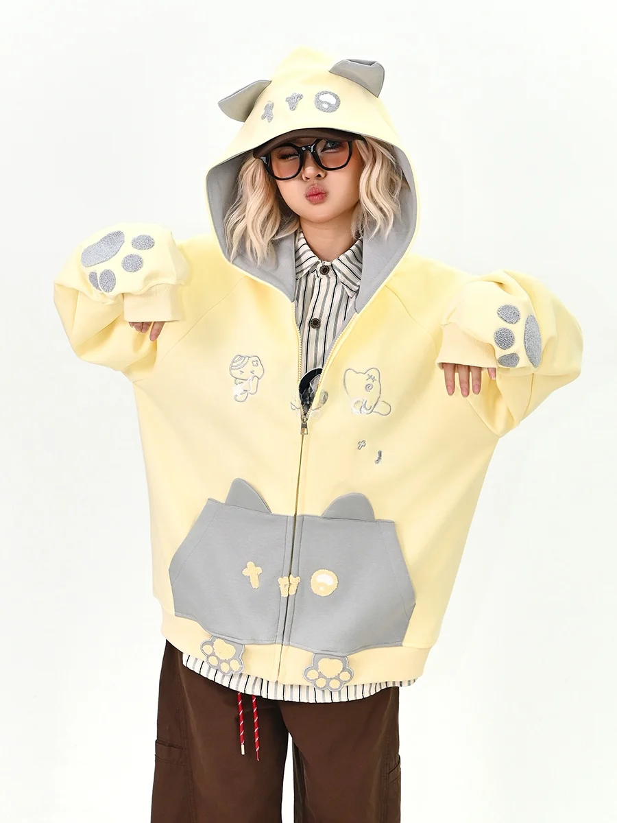 

Creative ket Ear Hoodie Cardigan Women's Loose Bf Sle Spring New Arrival Outerwear Comfortable Street Faion